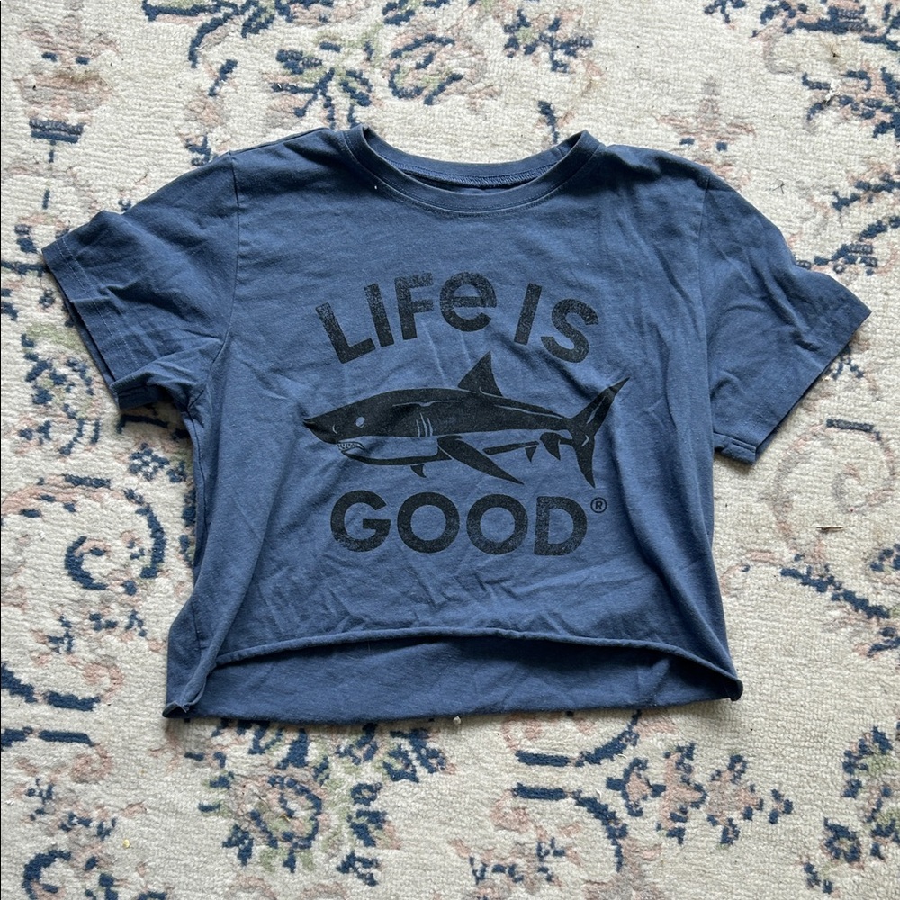 Blue Graphic Tee with Shark Design Life is Good